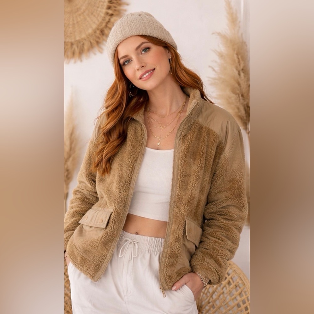 Women’s Tan Sherpa Zip-Up Jacket